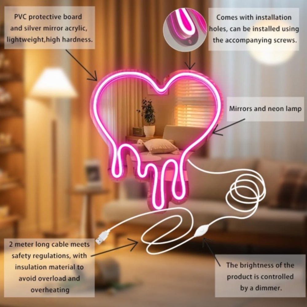 Pink Mirror Neon Light melting heart adjustable brightness dripping heart - Picture 3 of 9